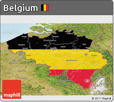 Flag 3D Map of Belgium, satellite outside, bathymetry sea, flag rotated