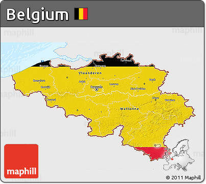 Flag 3D Map of Belgium, single color outside, bathymetry sea, flag aligned to the middle