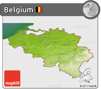 Physical 3D Map of Belgium, single color outside, satellite sea