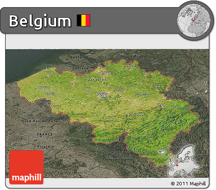 Satellite 3D Map of Belgium, darken, semi-desaturated