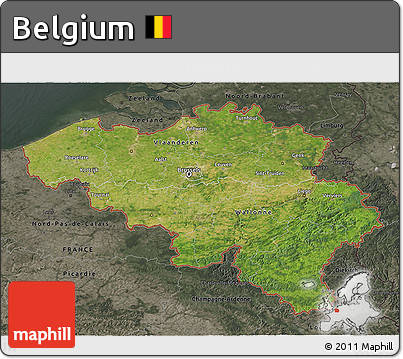 Satellite 3D Map of Belgium, darken, semi-desaturated