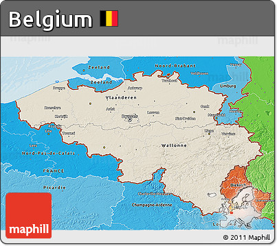 Shaded Relief 3D Map of Belgium, political shades outside