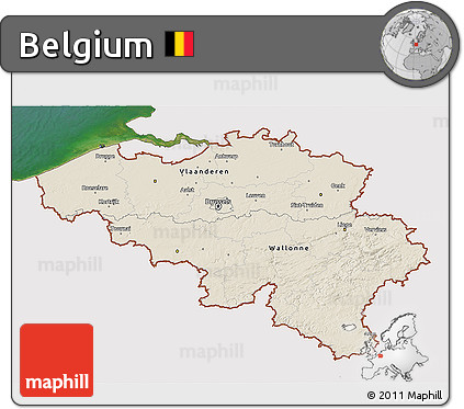 Shaded Relief 3D Map of Belgium, single color outside, satellite sea