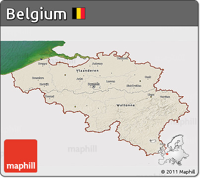 Shaded Relief 3D Map of Belgium, single color outside, satellite sea