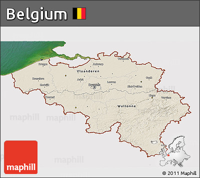 Shaded Relief 3D Map of Belgium, single color outside, satellite sea