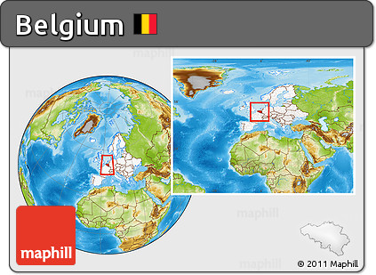 Physical Location Map of Belgium, highlighted continent, within the entire continent