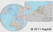 Savanna Style Location Map of Belgium, gray outside, hill shading inside