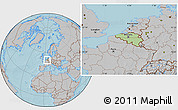 Savanna Style Location Map of Belgium, gray outside, hill shading outside