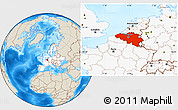 Shaded Relief Location Map of Belgium, highlighted continent