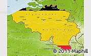 Flag Map of Belgium, physical outside, bathymetry sea, flag aligned to the middle