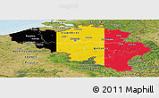 Flag Panoramic Map of Belgium, satellite outside, bathymetry sea, flag centered