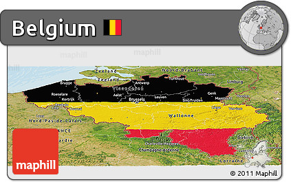 Flag Panoramic Map of Belgium, satellite outside, bathymetry sea, flag rotated