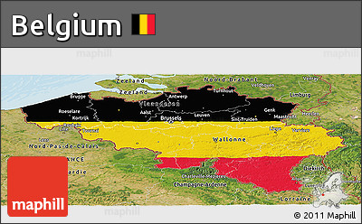 Flag Panoramic Map of Belgium, satellite outside, bathymetry sea, flag rotated
