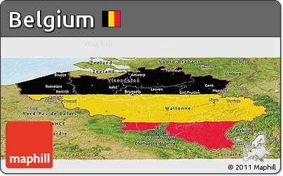 Flag Panoramic Map of Belgium, satellite outside, bathymetry sea, flag rotated