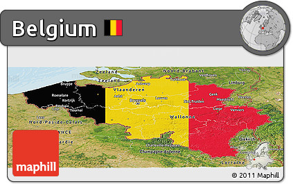 Flag Panoramic Map of Belgium, satellite outside, bathymetry sea