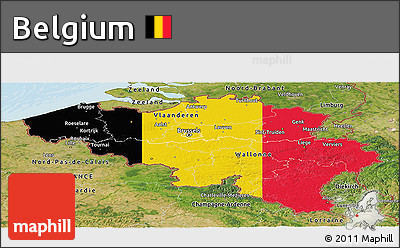 Flag Panoramic Map of Belgium, satellite outside, bathymetry sea