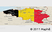 Flag Panoramic Map of Belgium, shaded relief outside, bathymetry sea, flag centered
