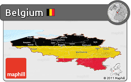 Flag Panoramic Map of Belgium, single color outside, bathymetry sea, flag rotated