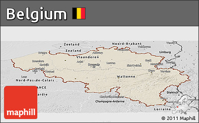 Shaded Relief Panoramic Map of Belgium, desaturated