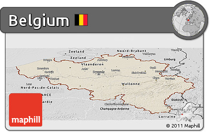 Shaded Relief Panoramic Map of Belgium, desaturated