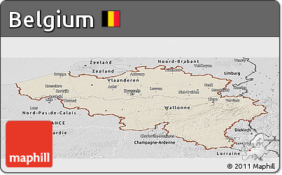 Shaded Relief Panoramic Map of Belgium, desaturated