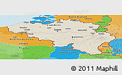 Shaded Relief Panoramic Map of Belgium, political outside, shaded relief sea