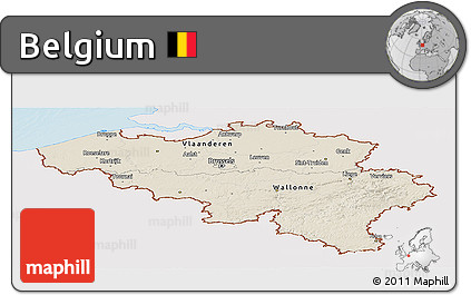 Shaded Relief Panoramic Map of Belgium, single color outside