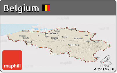 Shaded Relief Panoramic Map of Belgium, single color outside