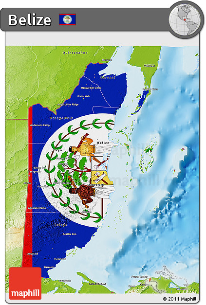 Flag 3D Map of Belize, physical outside, flag aligned to the middle