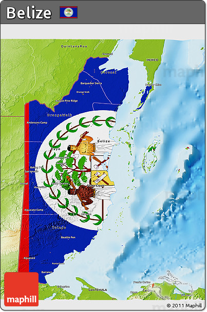Flag 3D Map of Belize, physical outside, flag aligned to the middle