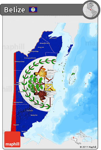 Flag 3D Map of Belize, single color outside, bathymetry sea, flag rotated