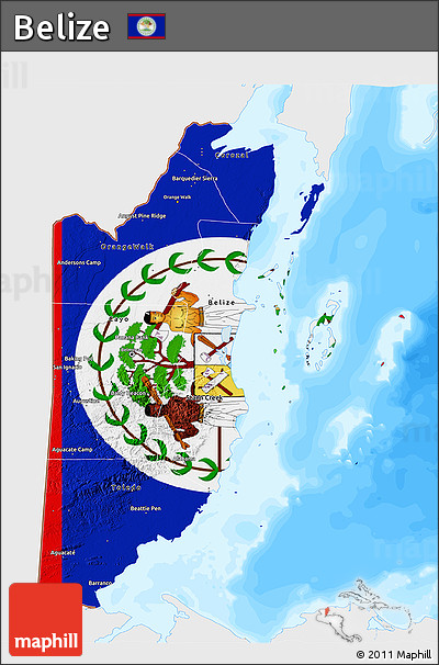 Flag 3D Map of Belize, single color outside, bathymetry sea, flag rotated