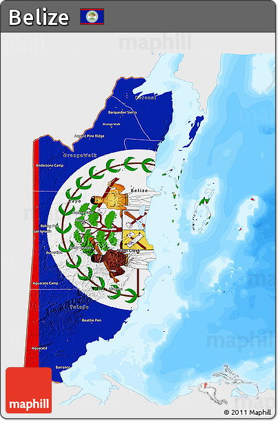 Flag 3D Map of Belize, single color outside, bathymetry sea, flag rotated