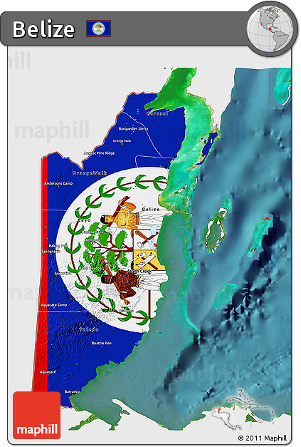 Flag 3D Map of Belize, single color outside, satellite sea, flag rotated