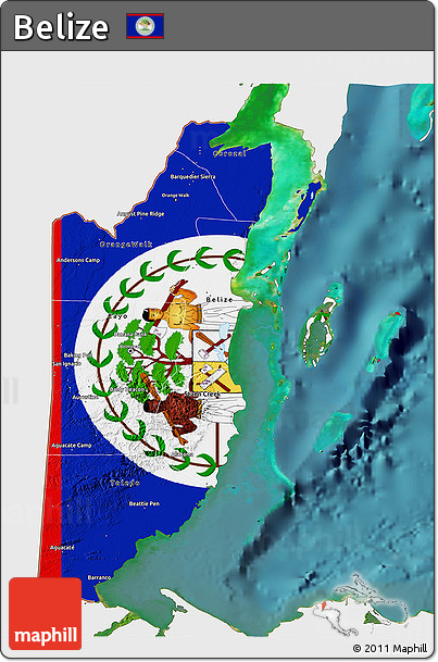Flag 3D Map of Belize, single color outside, satellite sea, flag rotated