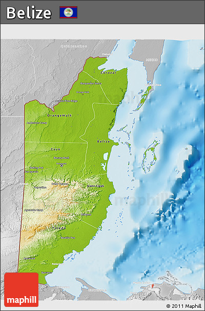 Physical 3D Map of Belize, lighten, desaturated, land only