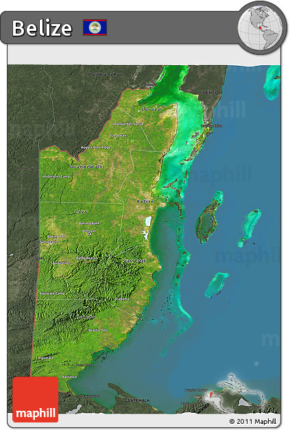 Satellite 3D Map of Belize, darken, semi-desaturated, land only