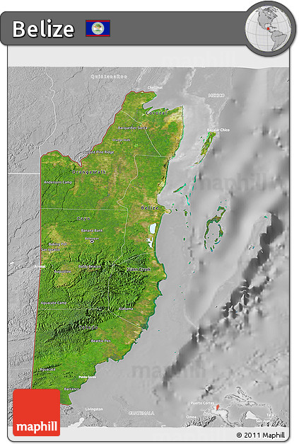 Satellite 3D Map of Belize, lighten, desaturated