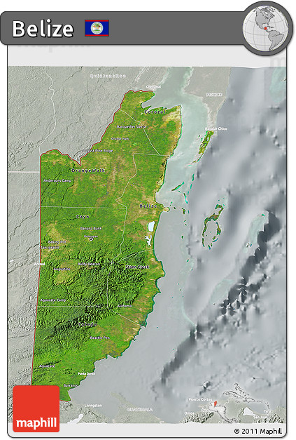 Satellite 3D Map of Belize, lighten, semi-desaturated