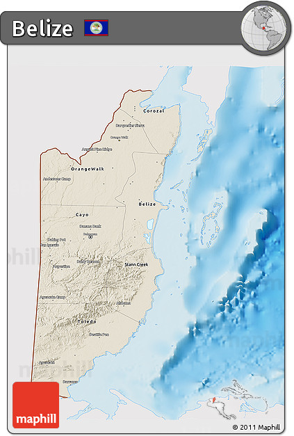 Shaded Relief 3D Map of Belize, single color outside