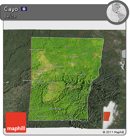 Satellite 3D Map of Cayo, darken, semi-desaturated