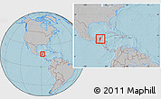 Gray Location Map of Belize, within the entire continent, hill shading