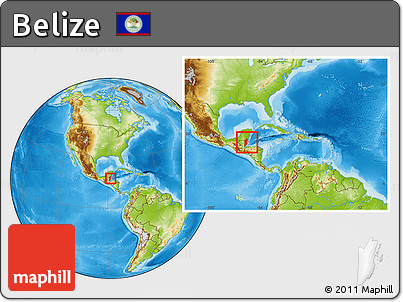 Physical Location Map of Belize, within the entire continent