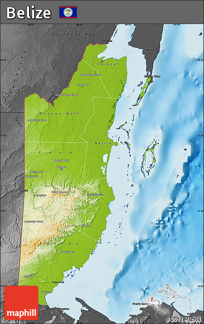 Physical Map of Belize, darken, desaturated, land only
