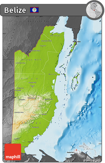Physical Map of Belize, darken, desaturated, land only
