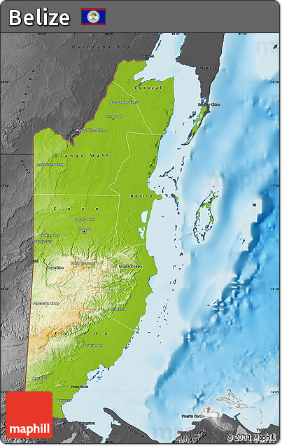Physical Map of Belize, darken, desaturated, land only