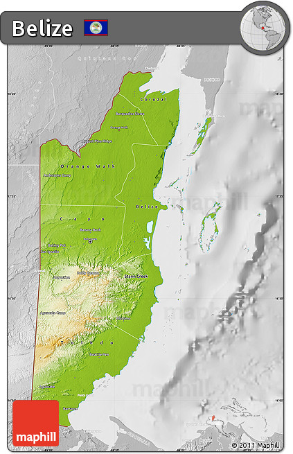 Physical Map of Belize, lighten, desaturated