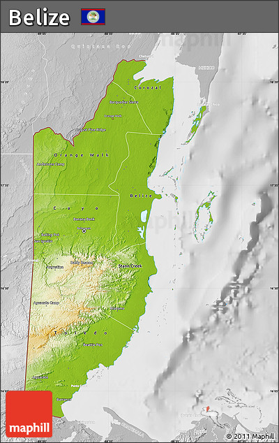 Physical Map of Belize, lighten, desaturated