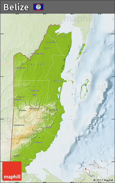 Physical Map of Belize, lighten