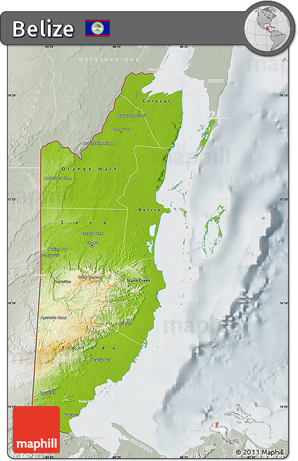 Physical Map of Belize, lighten, semi-desaturated